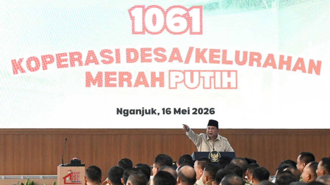 Presiden Prabowo Subianto dalam peresmian 1.061 Koperasi Desa/Kelurahan Merah Putih (KDKMP) di Kabupaten Nganjuk, Jawa Timur pada Sabtu, 16 Mei 2026 (BPMI Setpres)