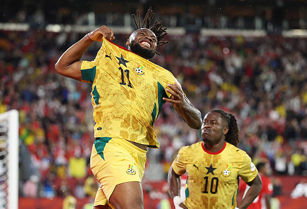  Pemain Ghana Antoine Semenyo merayakan gol kemenangan yang dicetak Caleb Yirenkyi pada laga Grup L Piala Dunia 2026 melawan Panama di Toronto Stadium, Toronto, Kanada. (IDNVoice/Getty Images)