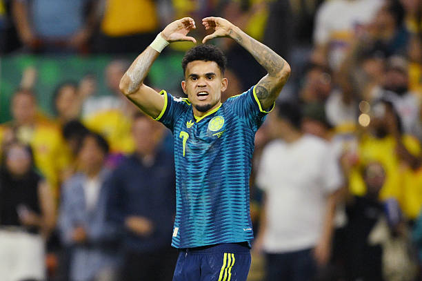 Pemain Kolombia Luis Diaz merayakan gol keduanya ke gawang Uzbekistan dalam laga Grup K Piala Dunia 2026 di Stadion Mexico City, Meksiko. (IDNVoice/Getty Images)