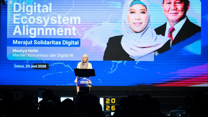 Menteri Komunikasi dan Digital (Menkomdigi) Meutya Hafid memberikan keynote speech dalam acara Digital Ecosystem Alignment (DEAL) 2026 di Tribrata Darmawangsa, Jakarta Selatan pada Selasa, 23 Juni 2026. (IDNVoice/Anhar-Komdigi)