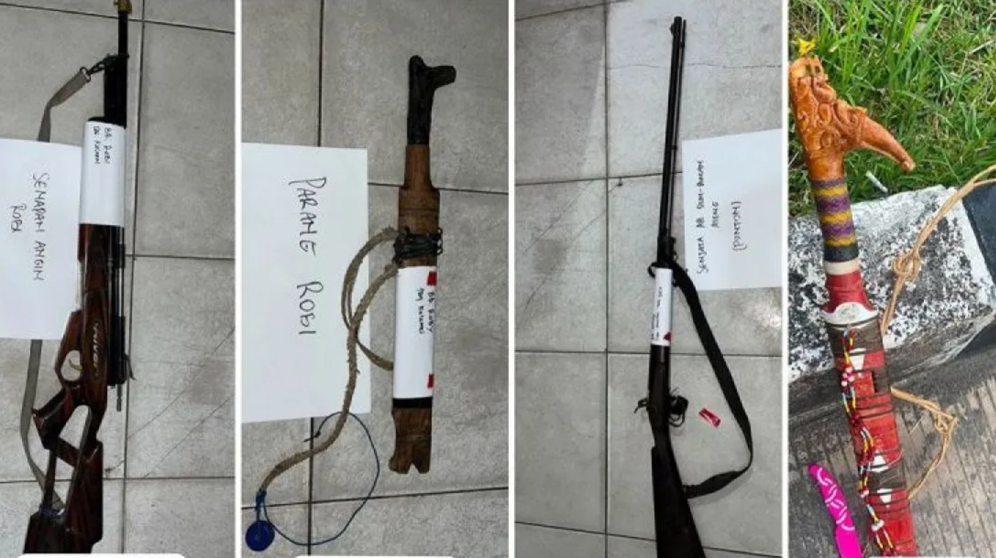 Barang bukti senjata yang digunakan pelaku tidak pidana narkoba membunuh tiga anggota Polri di Desa Tumbang Kalemei, Kabupaten Katingan, Kalimantan Tengah (Kalteng) pada Sabtu, 11 Juli 2026. (IDNVoice/Dittipidnarkoba Bareskrim Polri) 