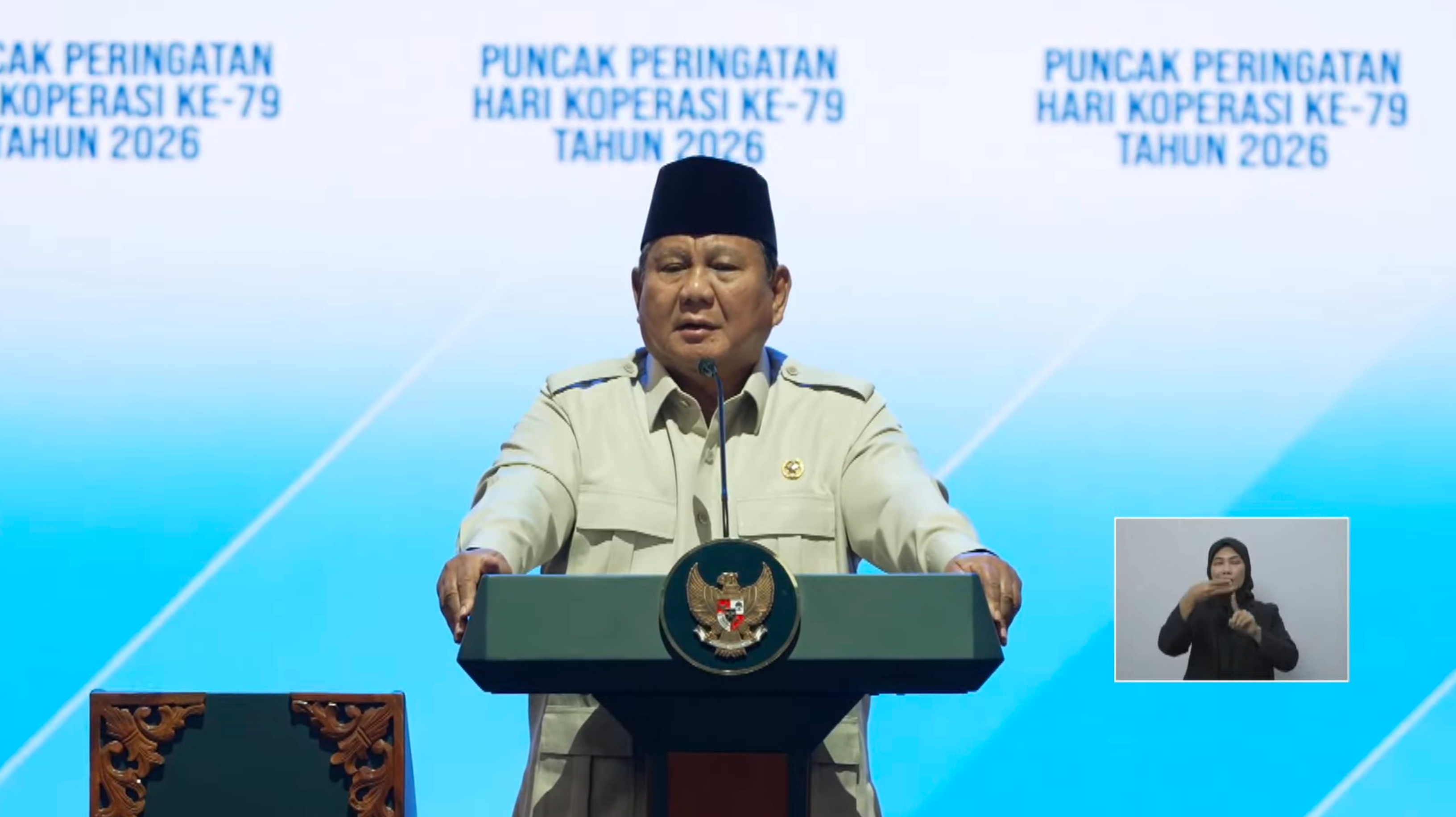 Tangkapan layar: Pidato Presiden Prabowo Subianto pada acara puncak peringatan Hari Koperasi Nasional Ke-79 Tahun 2026 di Indonesia Arena, Jakarta pada Minggu, 12 Juli 2026. (IDNVoice/YouTube/Sekretariat Presiden)