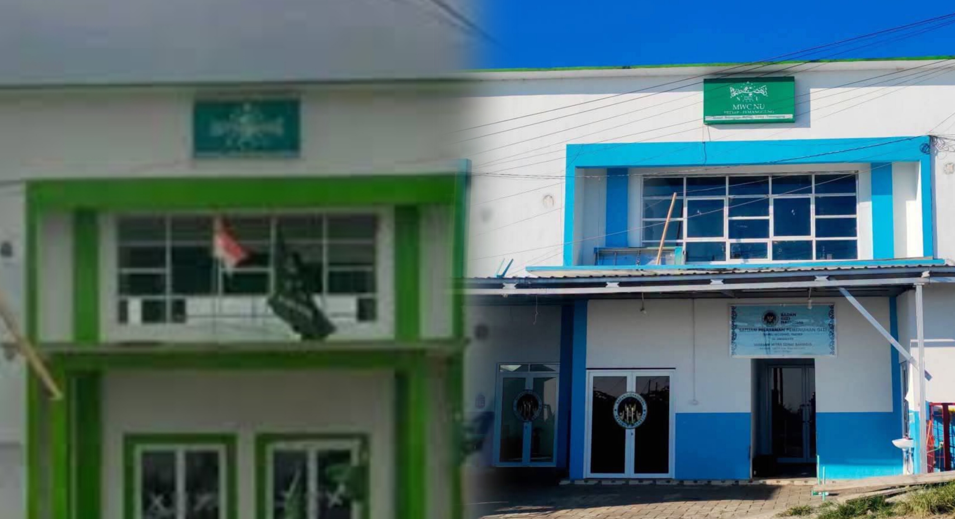 Gedung MWCNU pada tahun 2024 dan Gedung MWCNU pada tahun 2026 setelah disulap menjadi dapur SPPG. (IDNVoice/IS-Kolase)