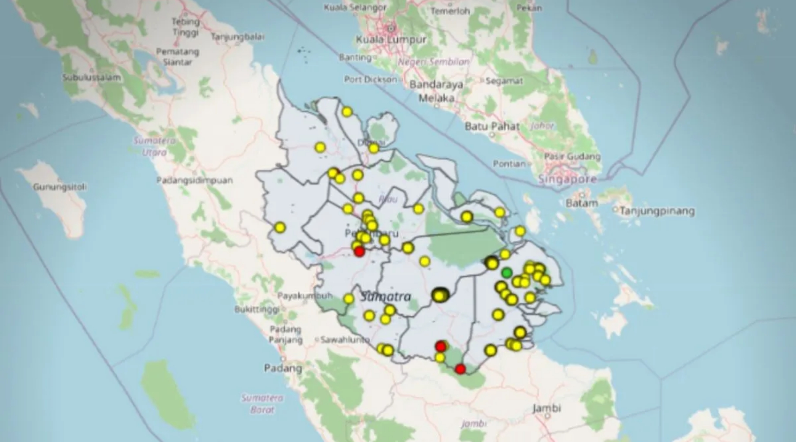 Sebaran titik panas di Provinsi Riau yang mencapai 355 titik tersebar di 11 kabupaten/kota. (IDNVoice/BMKG Pekanbaru)