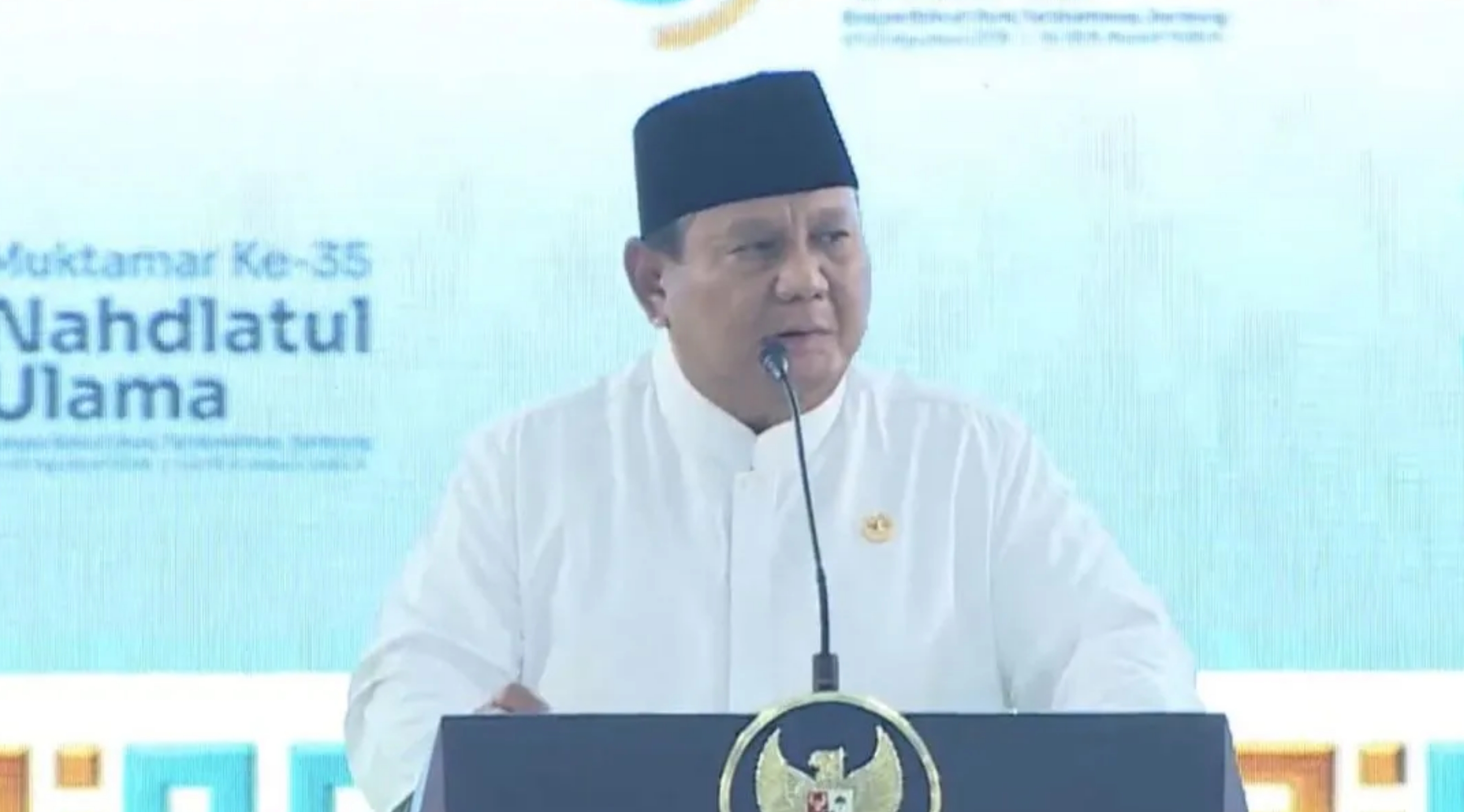 Tangkapan layar: Presiden Prabowo Subianto saat menghadiri Muktamar ke-35 NU di Jombang, Jawa Timur pada Kamis, 27 Agustus 2026. (IDNVoice/YouTube-Sekrerariat Presiden)