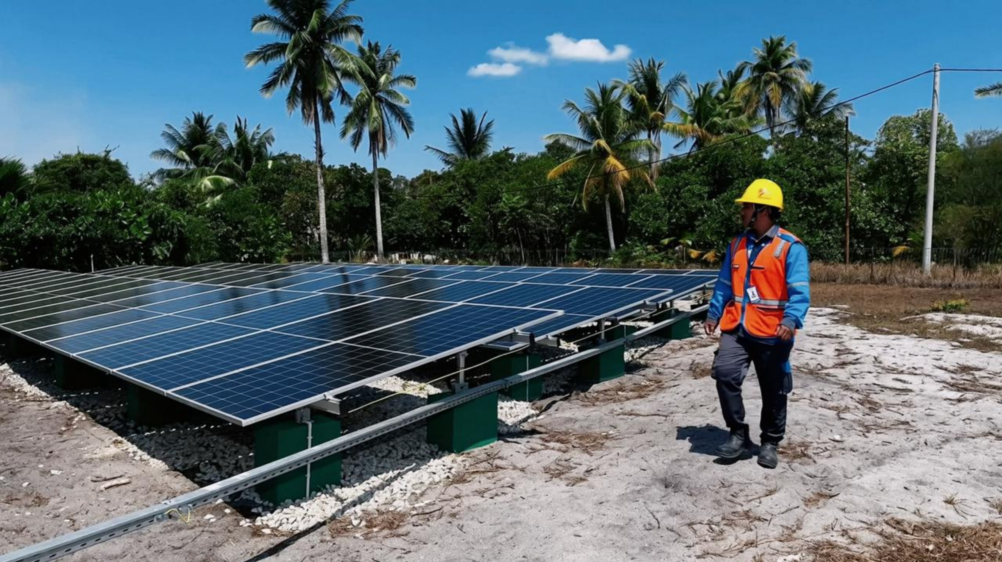 Petugas PLN melakukan pengecekan panel surya pada Pembangkit Listrik Tenaga Surya (PLTS) Pulau Rengit, Kabupaten Belitung, Kepulauan Bangka Belitung. (IDNVoice/PLN)