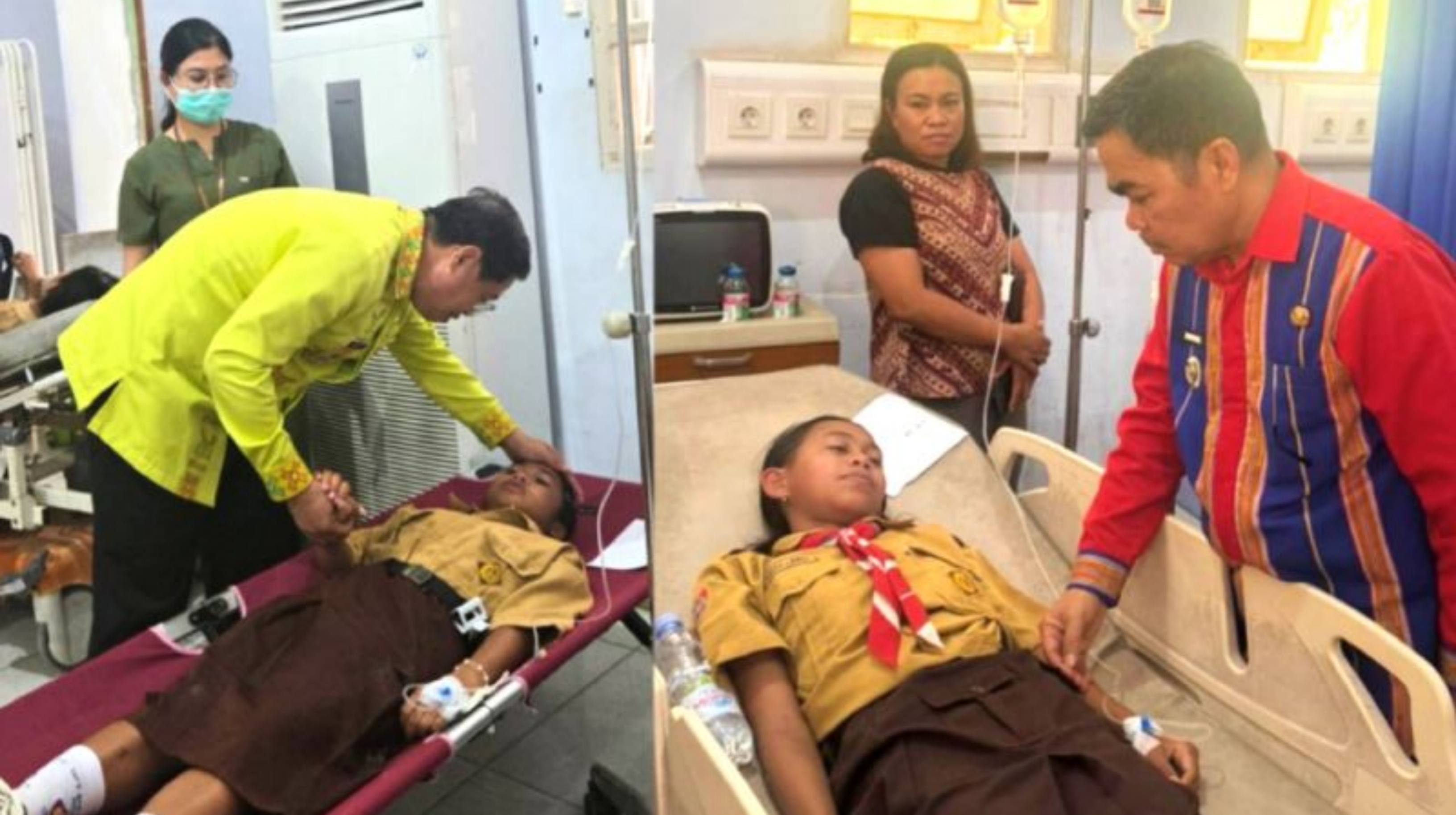 Bupati Tana Toraja Zadrak Tombeg (kanan) dan Wakil Bupati Tana Toraja Erianto Laso Paundanan (kiri) saat menjenguk siswa di RS Kabupaten Tana Toraja, Sulawesi Selatan. (IDNVoice/Pemkab Tana Toraja)