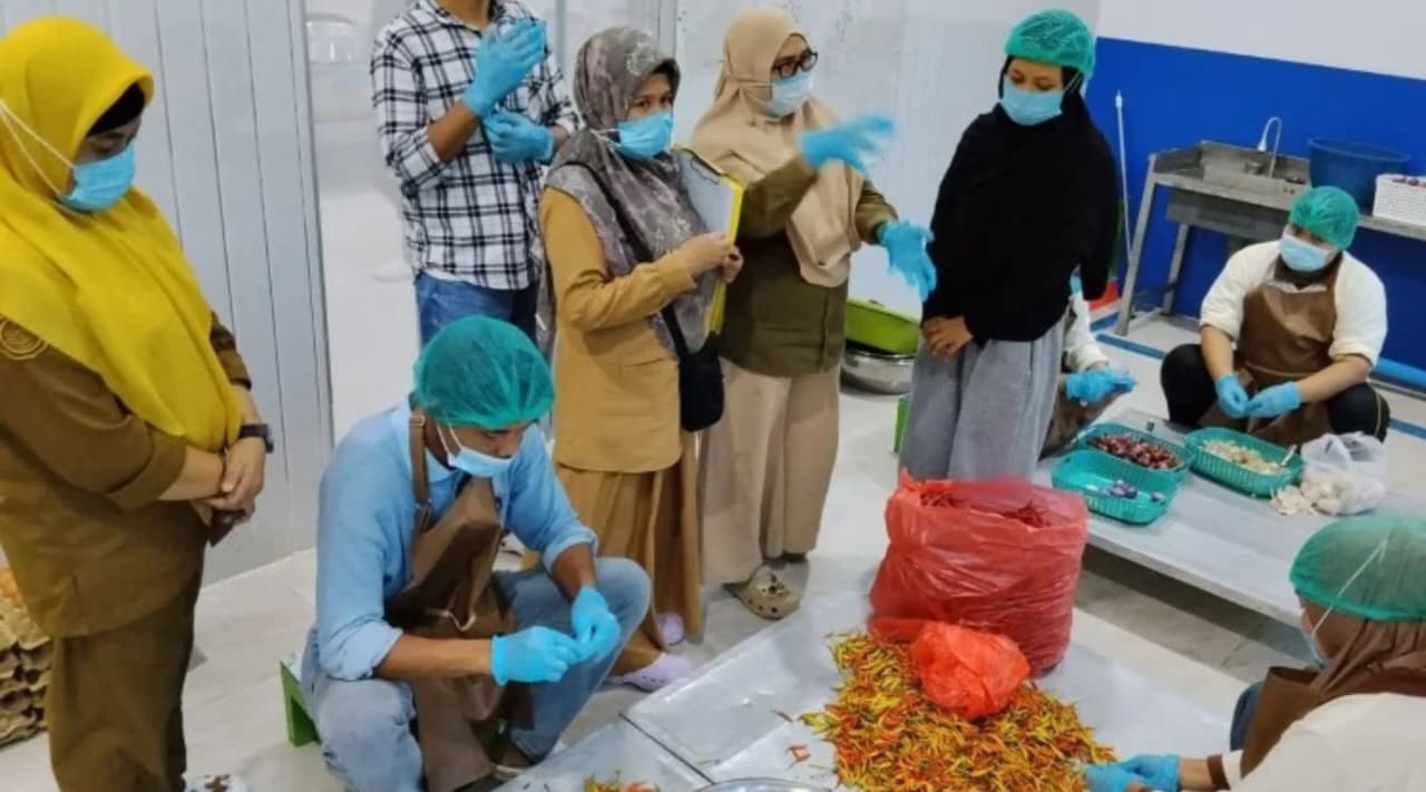 Staf DKPTPH Provinsi Gorontalo melaksanakan pengawasan keamanan pangan dalam mendukung Program Makan Bergizi Gratis (MBG). (IDNVoice/ DKPTPH Gorontalo)