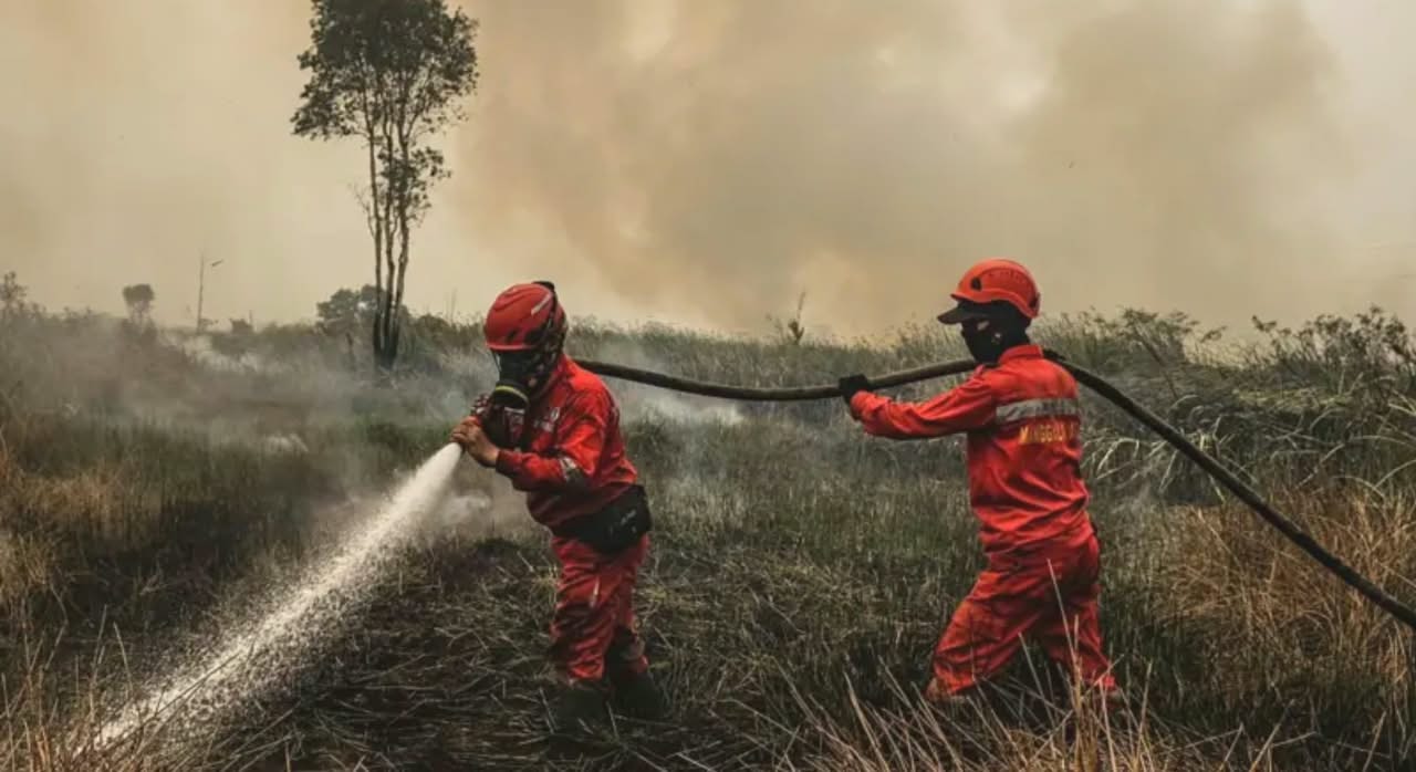 Petugas berupaya memadamkan api di Sumatra Selatan. (IDNVoice/Getty Images)